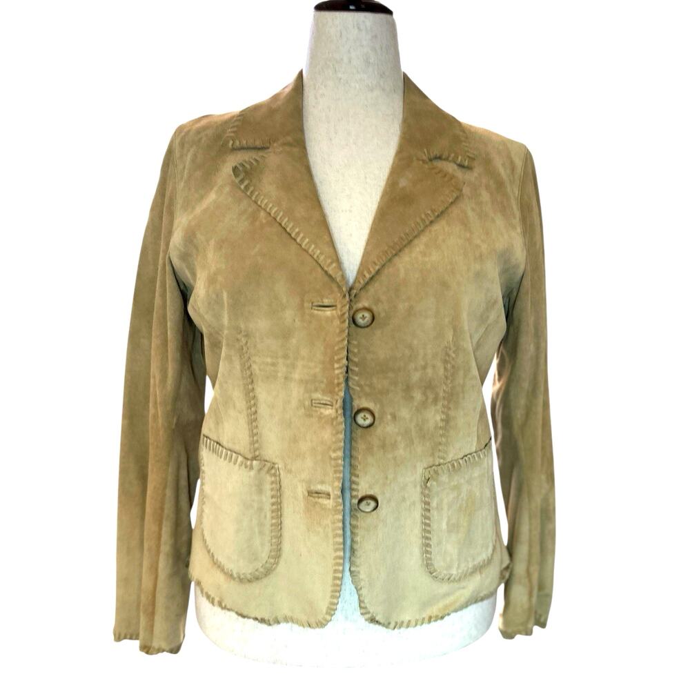 Sundance Suede Leather Jacket Blazer Pockets Whip Stitch Trim Sz 12 Western Boho